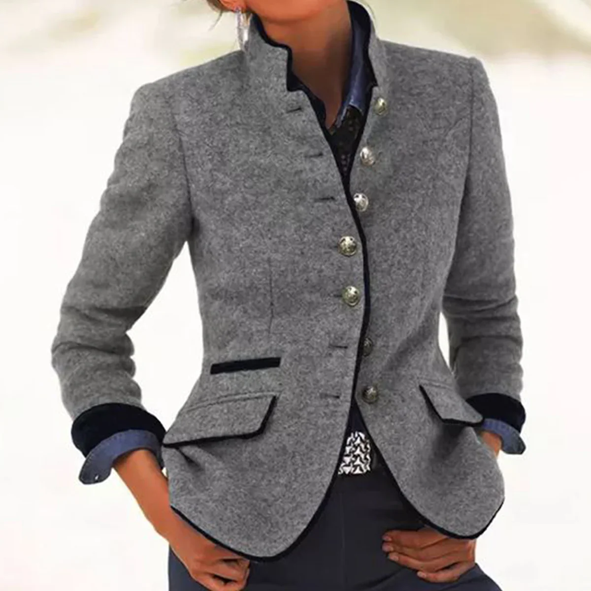 Women's Tailored Winter Jacket Classic High Collar Button Design