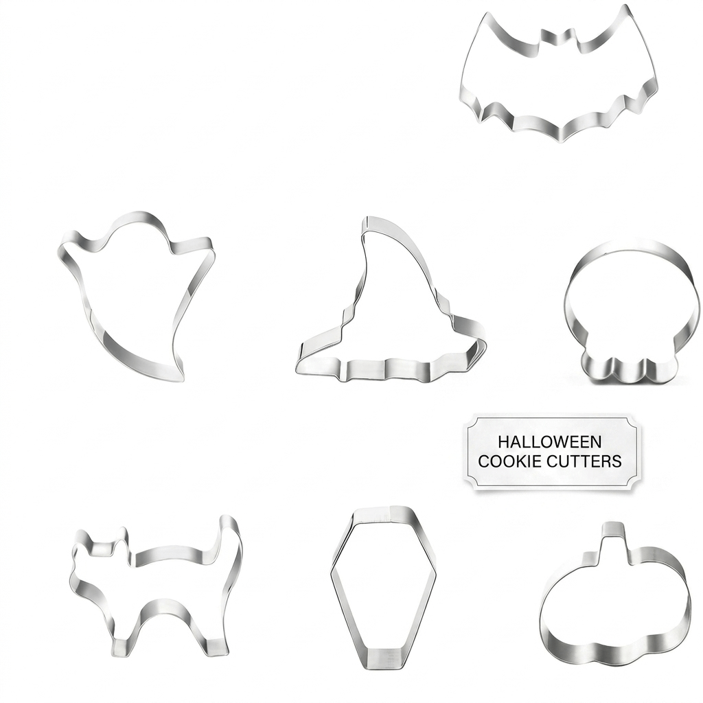 Halloween Stainless Steel Cookie Cutters Set with 7 Shapes Including Bat Ghost Pumpkin and Skull