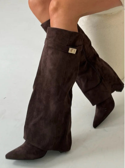 Women's Chic Knee High Boots – Block Heel & Flare Detail