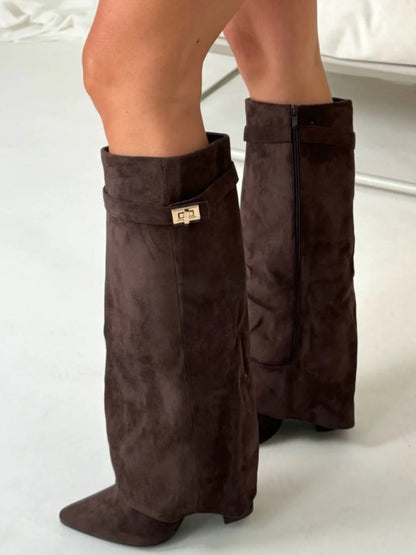 Women's Chic Knee High Boots – Block Heel & Flare Detail