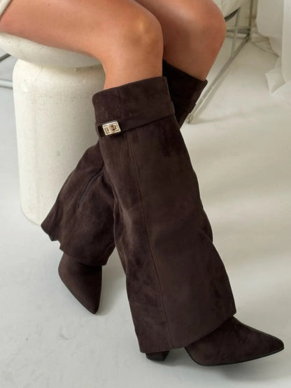 Women's Chic Knee High Boots – Block Heel & Flare Detail