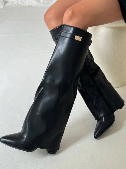 Women's Chic Knee High Boots – Block Heel & Flare Detail