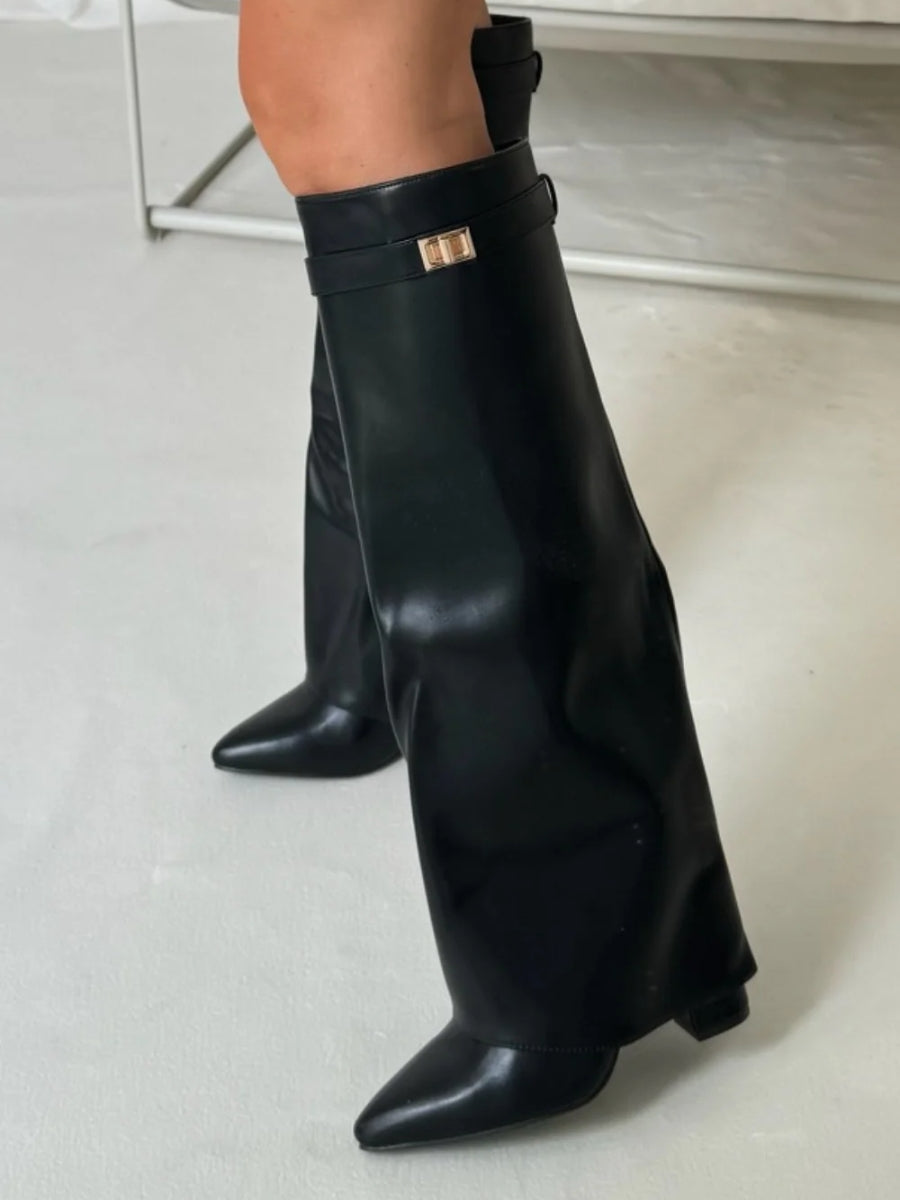 Women's Chic Knee High Boots – Block Heel & Flare Detail