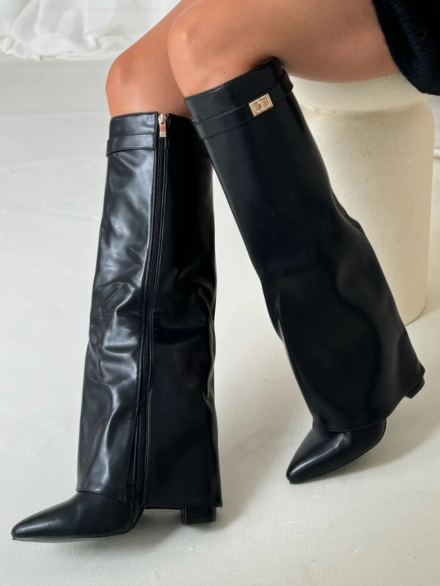 Women's Chic Knee High Boots – Block Heel & Flare Detail