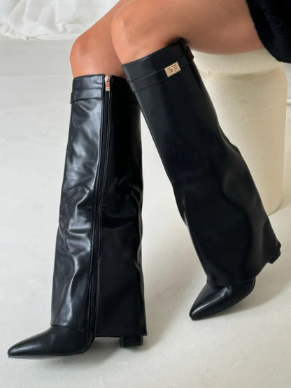 Women's Chic Knee High Boots – Block Heel & Flare Detail