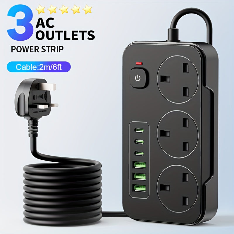 Prodlužovací přívod s 3 zásuvkami, 6 USB porty a 2m prodlužovacím kabelem – 13A