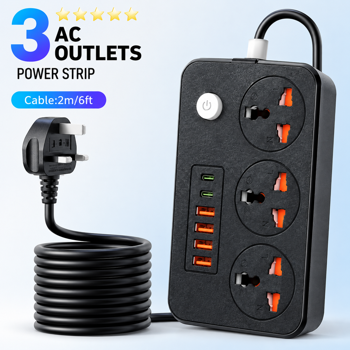 Multiprise avec 3 prises AC, 6 ports USB et câble d'extension de 2 m – 13A (UK)
