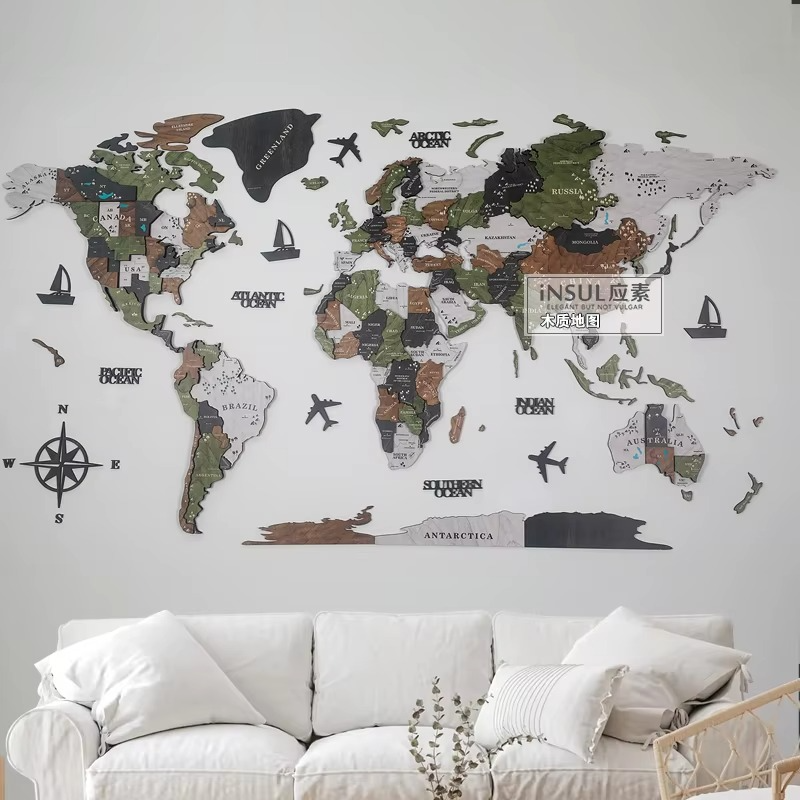 3D Wooden World Map Wall Art with Continents Compass Rose and Sailboats - Image 1