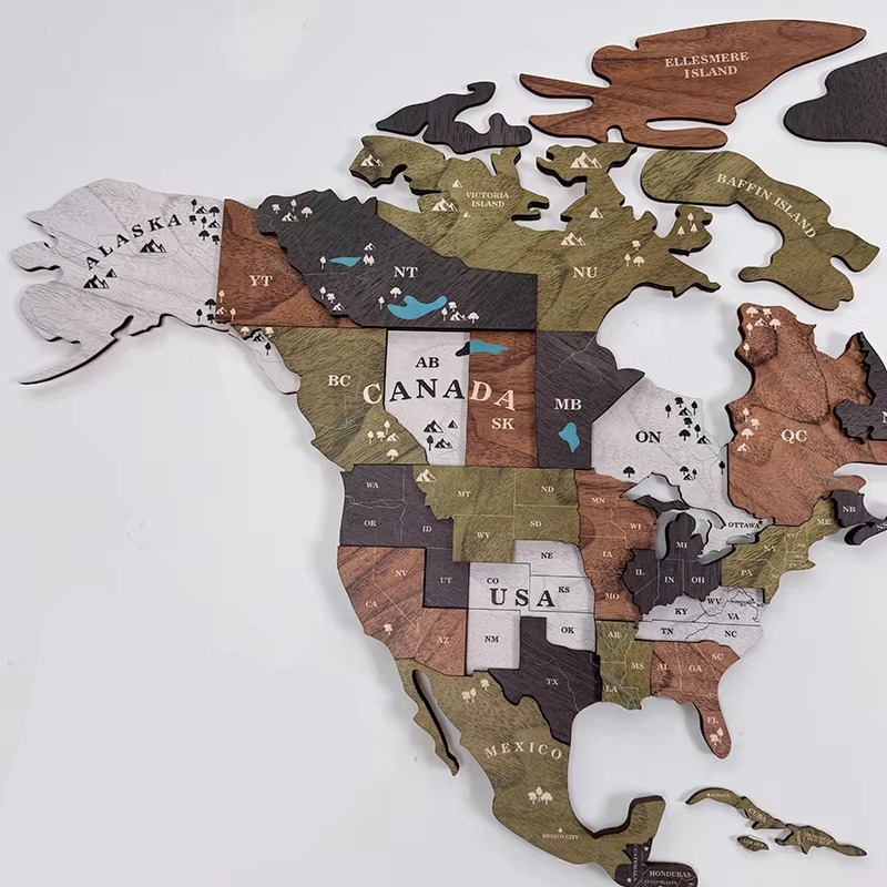 3D Wooden World Map Wall Art with Continents Compass Rose and Sailboats - Image 3