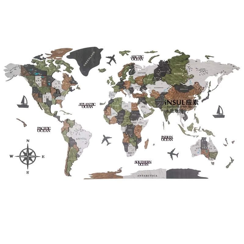 3D Wooden World Map Wall Art with Continents Compass Rose and Sailboats - Image 5