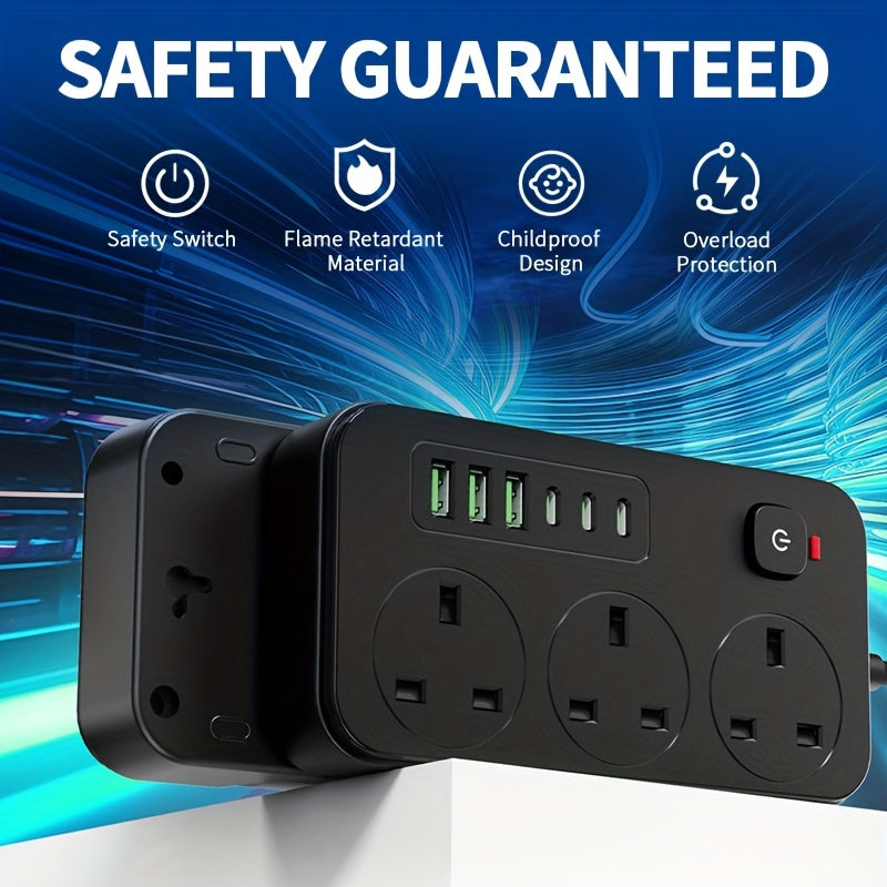 Prodlužovací přívod s 3 zásuvkami, 6 USB porty a 2m prodlužovacím kabelem – 13A
