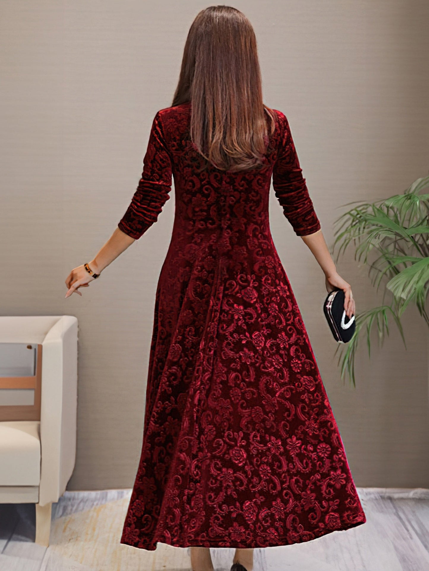 Women’s Floral Formal Dress Plus Size V-Neck Long Sleeve Style