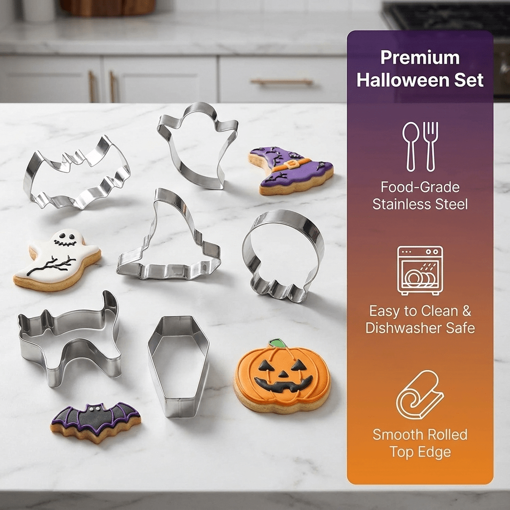 Halloween Stainless Steel Cookie Cutters Set with 7 Shapes Including Bat Ghost Pumpkin and Skull