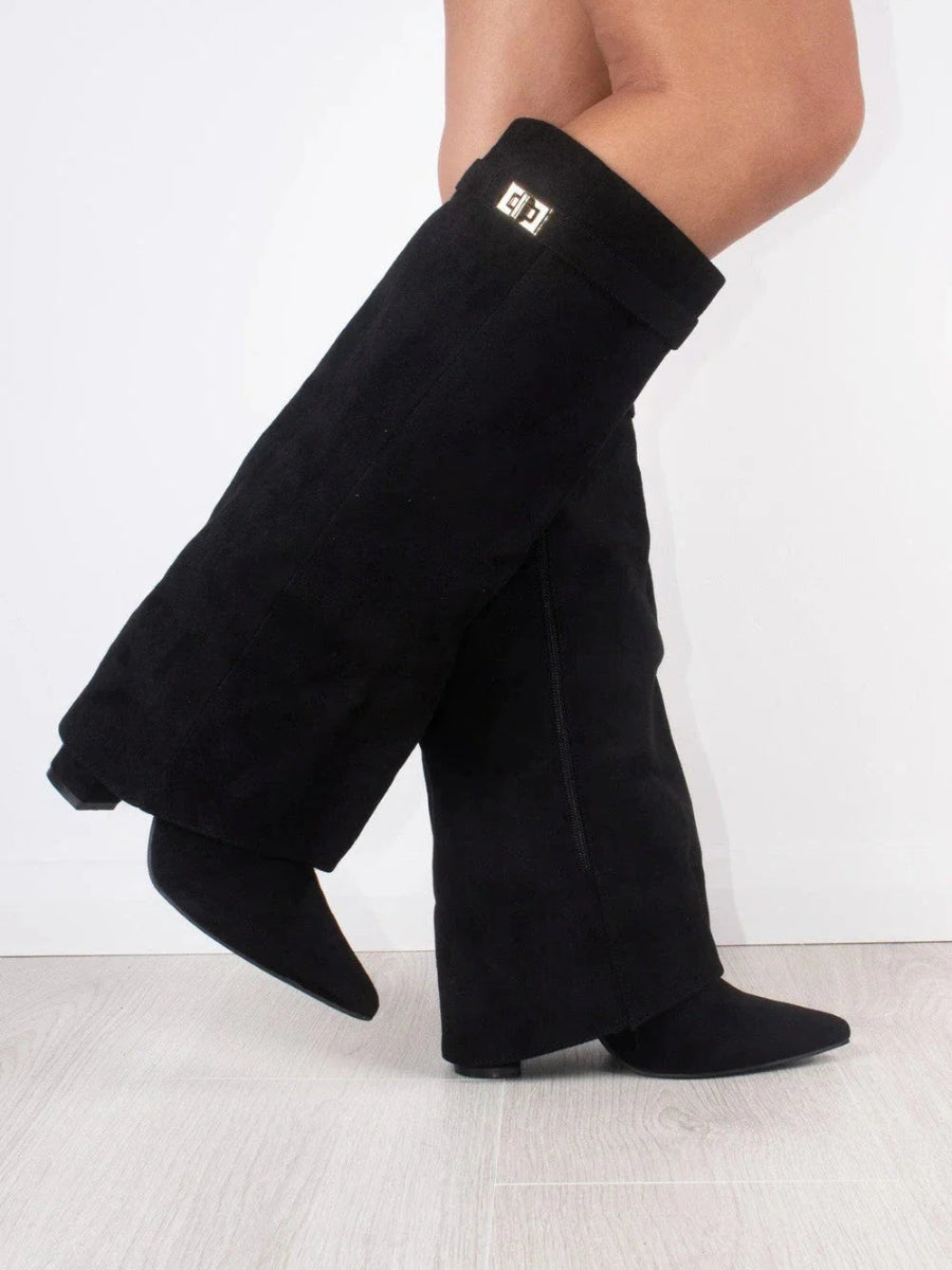 Women's Chic Knee High Boots – Block Heel & Flare Detail