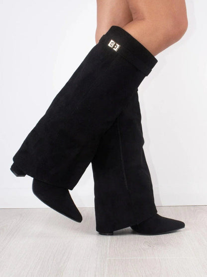 Women's Chic Knee High Boots – Block Heel & Flare Detail