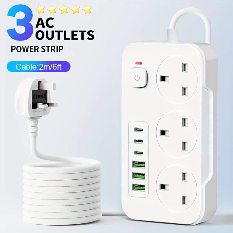 Prodlužovací přívod s 3 zásuvkami, 6 USB porty a 2m prodlužovacím kabelem – 13A
