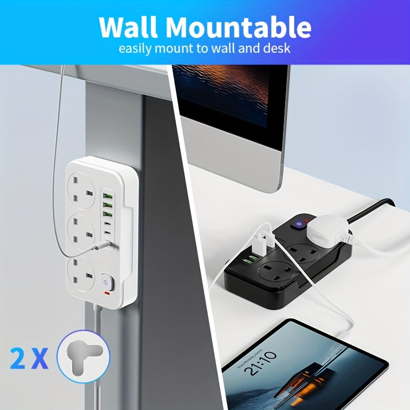 Prodlužovací přívod s 3 zásuvkami, 6 USB porty a 2m prodlužovacím kabelem – 13A