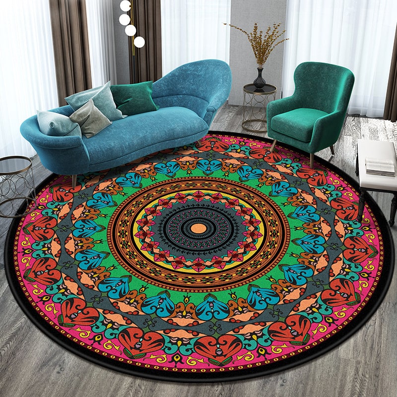 8 Foot Round Area Rug with Geometric Mandala Pattern - Image 1