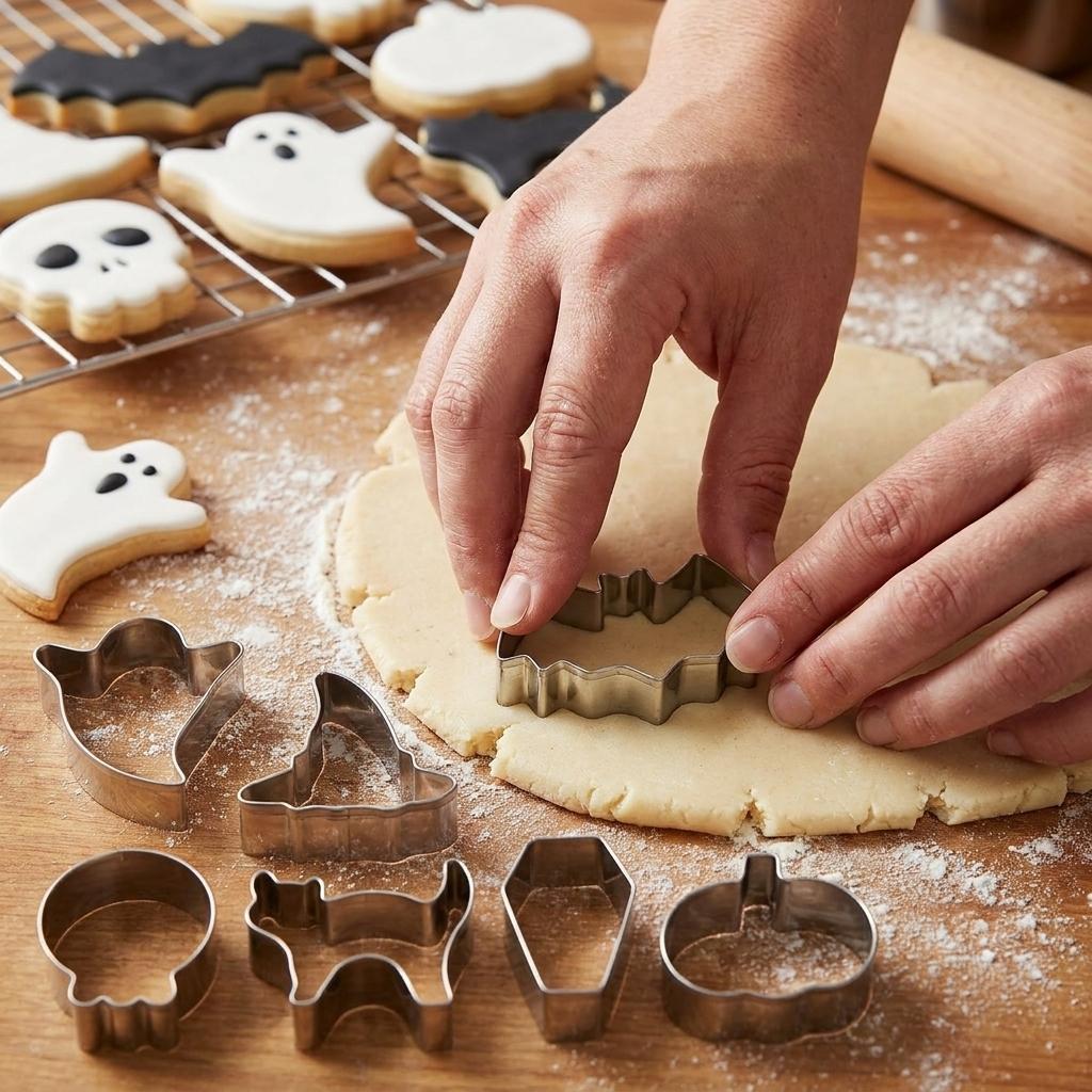 Halloween Stainless Steel Cookie Cutters Set with 7 Shapes Including Bat Ghost Pumpkin and Skull