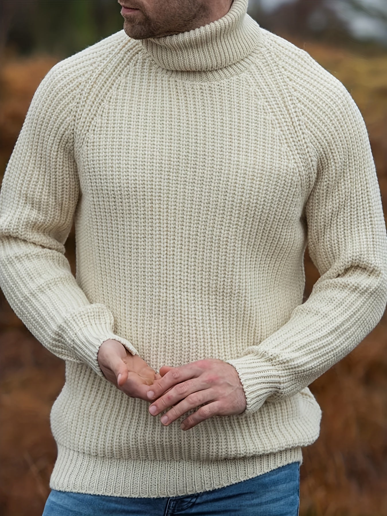 Men’s Beige Turtleneck Jumper Classic Warm Winter Knit