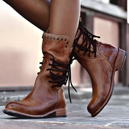 Women’s Vintage Lace-Up Boots with Stud Detail and Low Stable Block Heel