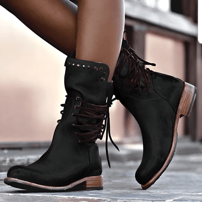 Women’s Vintage Lace-Up Boots with Stud Detail and Low Stable Block Heel