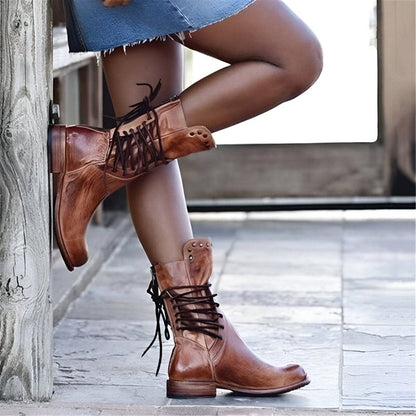 Women’s Vintage Lace-Up Boots with Stud Detail and Low Stable Block Heel