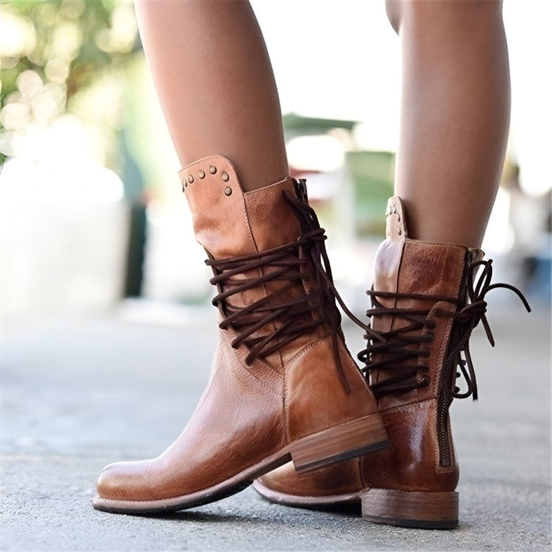 Women’s Vintage Lace-Up Boots with Stud Detail and Low Stable Block Heel