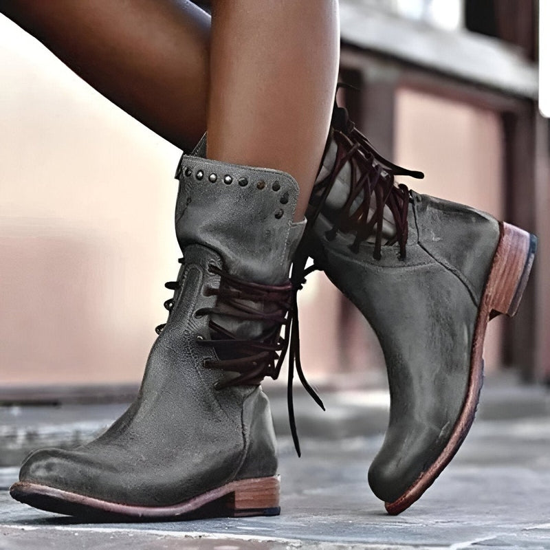 Women’s Vintage Lace-Up Boots with Stud Detail and Low Stable Block Heel