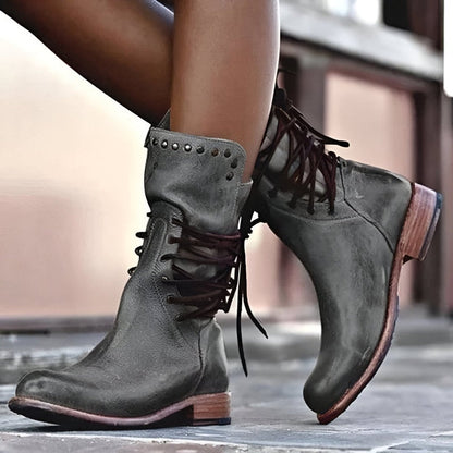 Women’s Vintage Lace-Up Boots with Stud Detail and Low Stable Block Heel