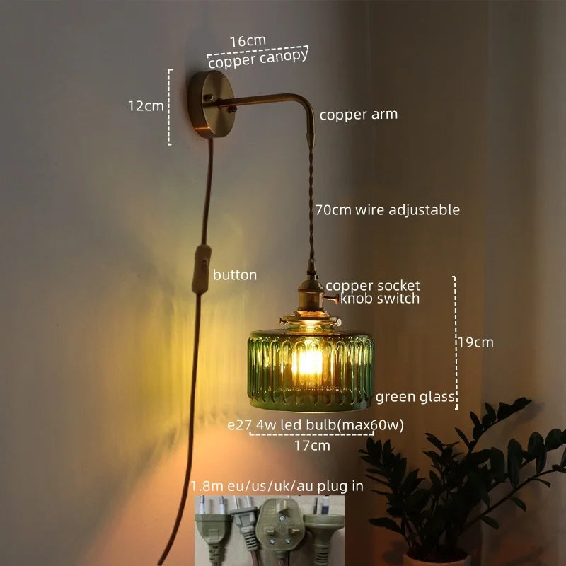 Japanese Vintage Wall Light Green Glass Shade LED Design