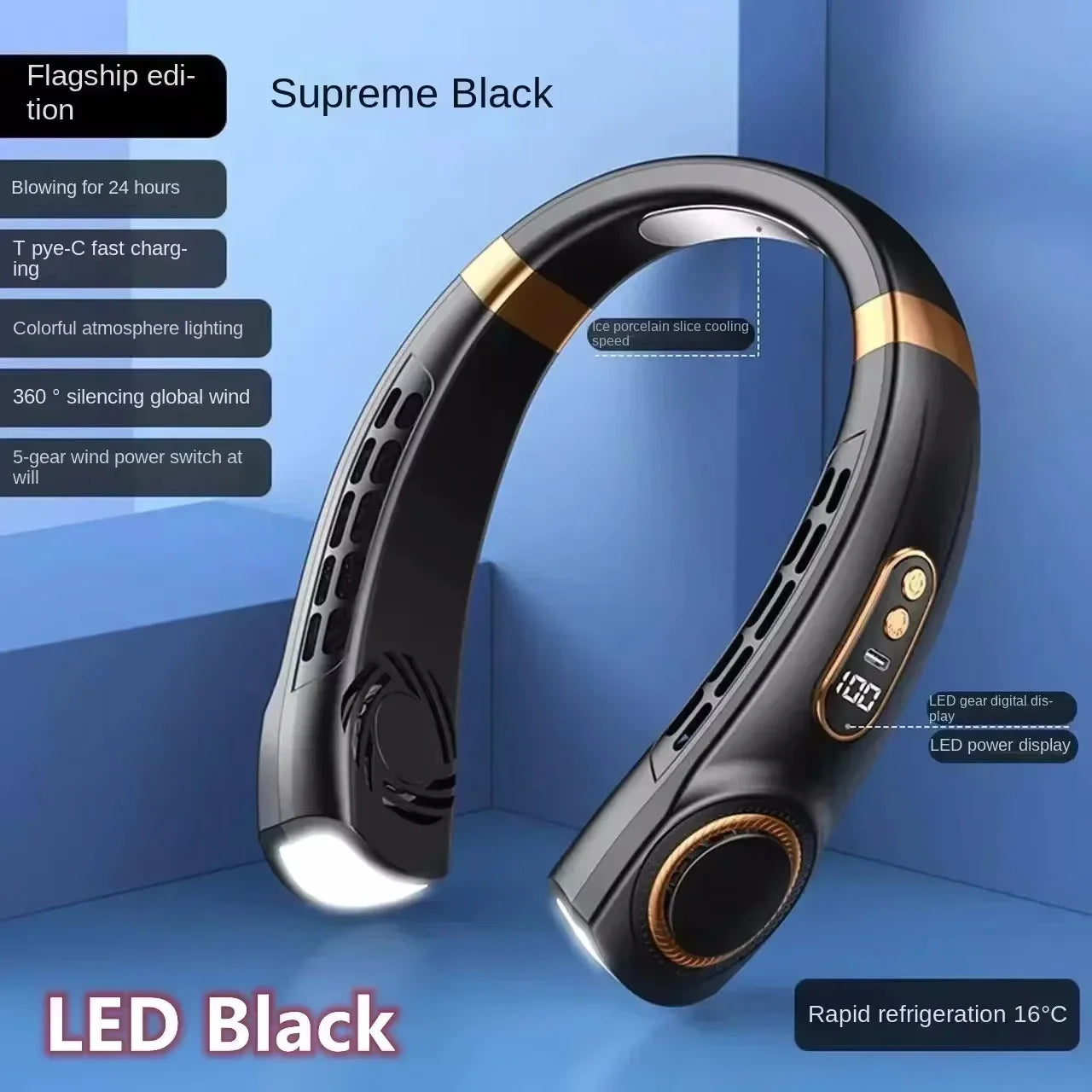 Ventilador de cuello portátil recargable por USB con pantalla LED 8000mAh