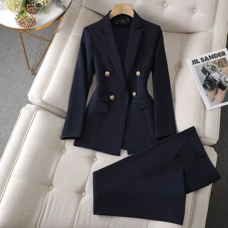 Women’s Tailored Blazer Suit Set Solid Color Two-Piece Look