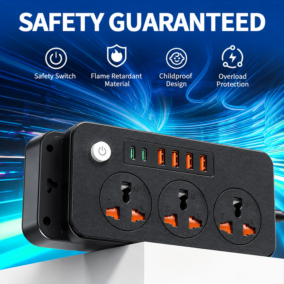 Multiprise avec 3 prises AC, 6 ports USB et câble d'extension de 2 m – 13A (UK)