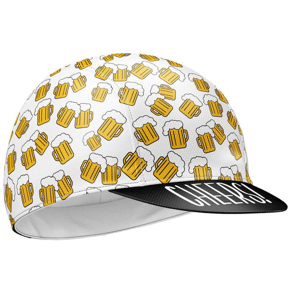 Gorra de ciclismo blanca con diseño gráfico de tema cervecero y visera diseñada