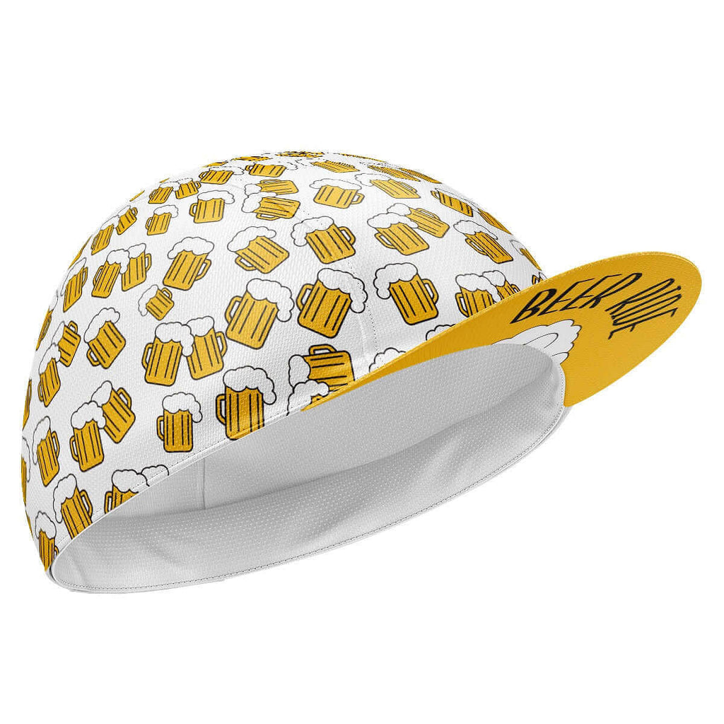 Gorra de ciclismo blanca con diseño gráfico de tema cervecero y visera diseñada