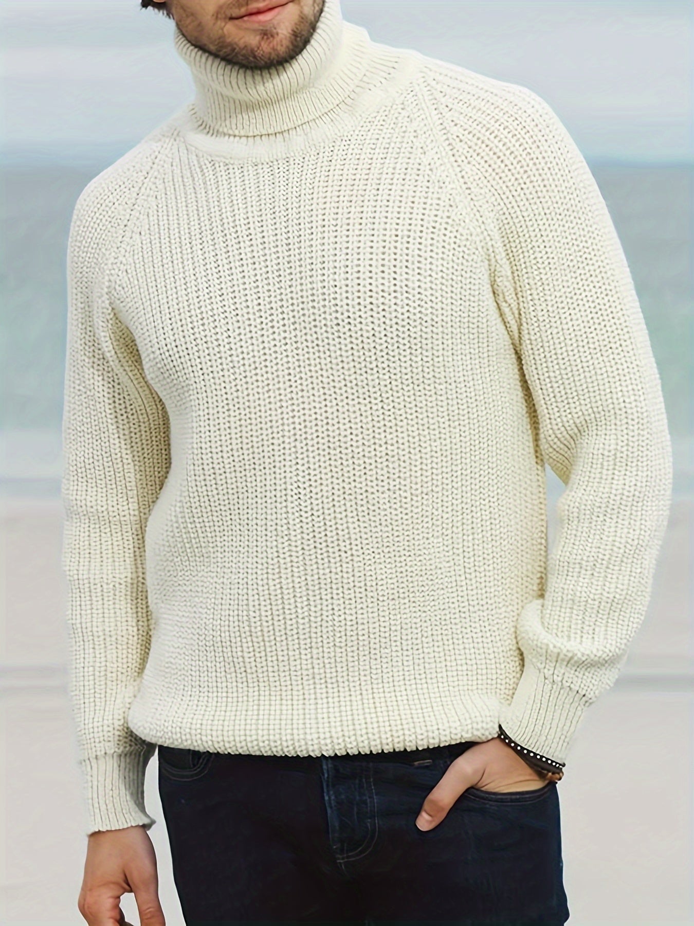 Men’s Beige Turtleneck Jumper Classic Warm Winter Knit