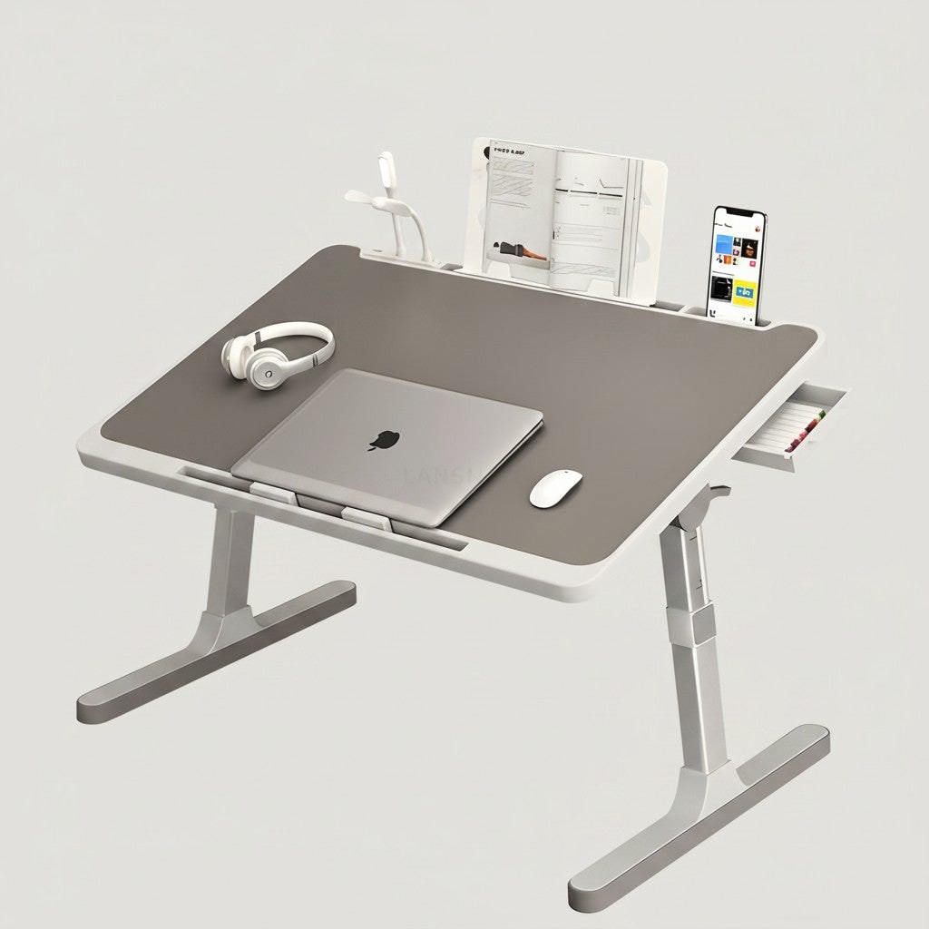 Adjustable Folding Bed Desk for Laptop with Marble Top Drawer and Portable Stand - Image 1