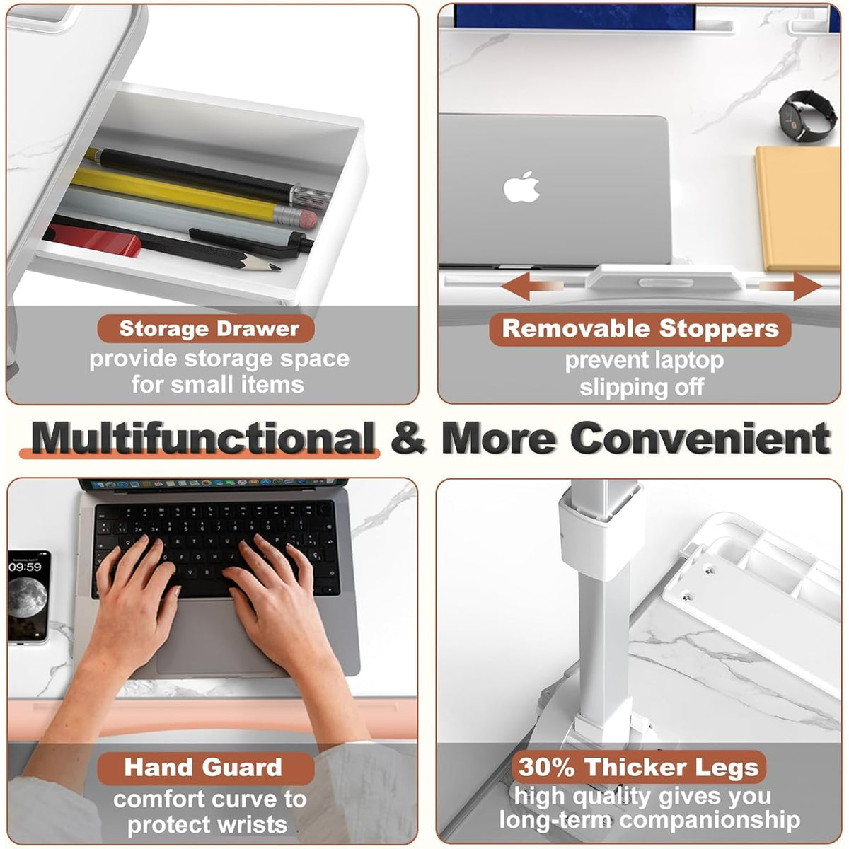 Adjustable Folding Bed Desk for Laptop with Marble Top Drawer and Portable Stand - Image 2