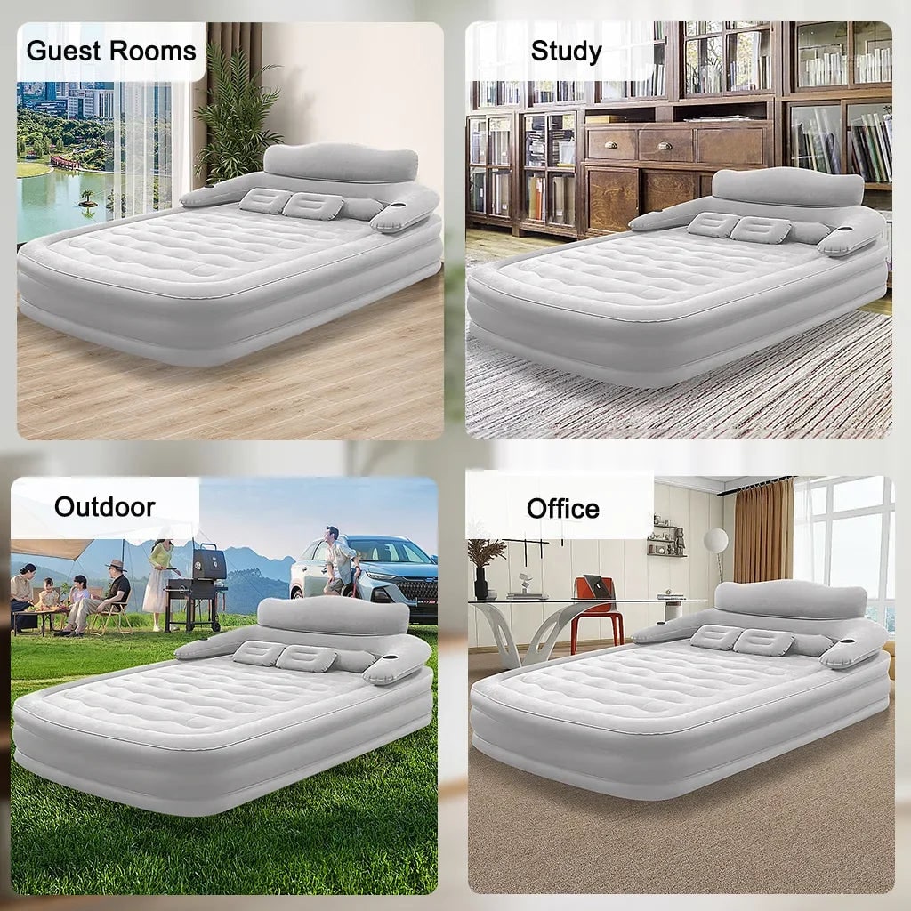 Air Mattress Blow Up Bed with Built-In Electric Pump Backrest and Pillows for 2 People - Image 4