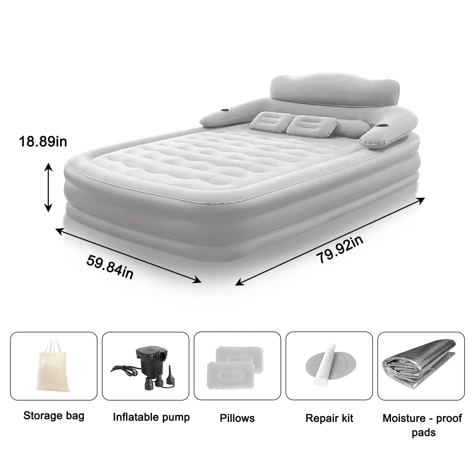 Air Mattress Blow Up Bed with Built-In Electric Pump Backrest and Pillows for 2 People - Image 7