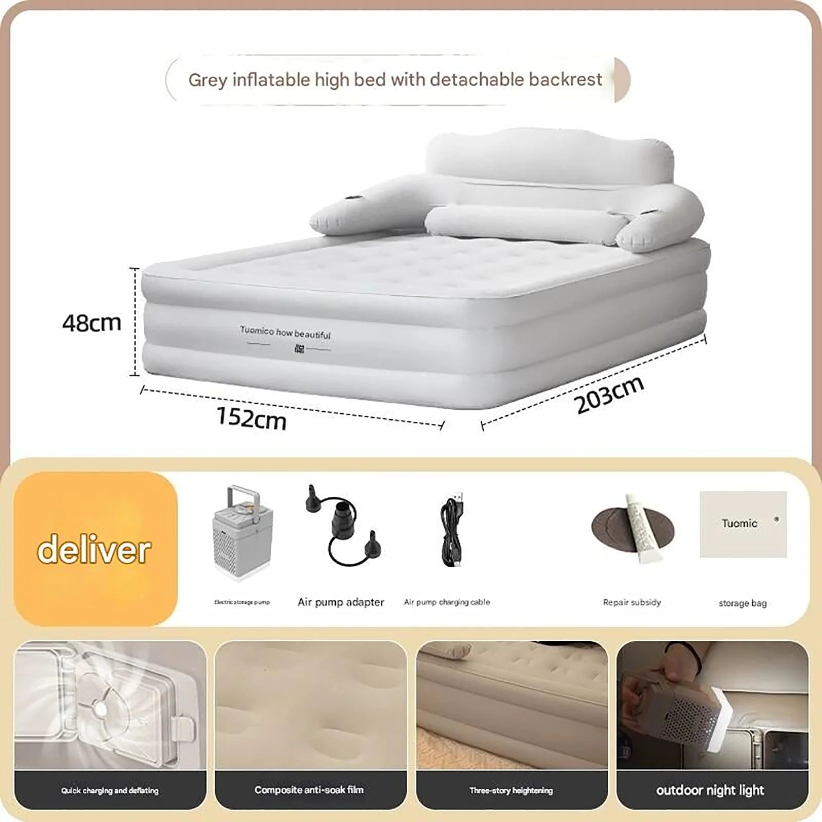Air Mattress Blow Up Bed with Built-In Electric Pump Backrest and Pillows for 2 People - Image 8