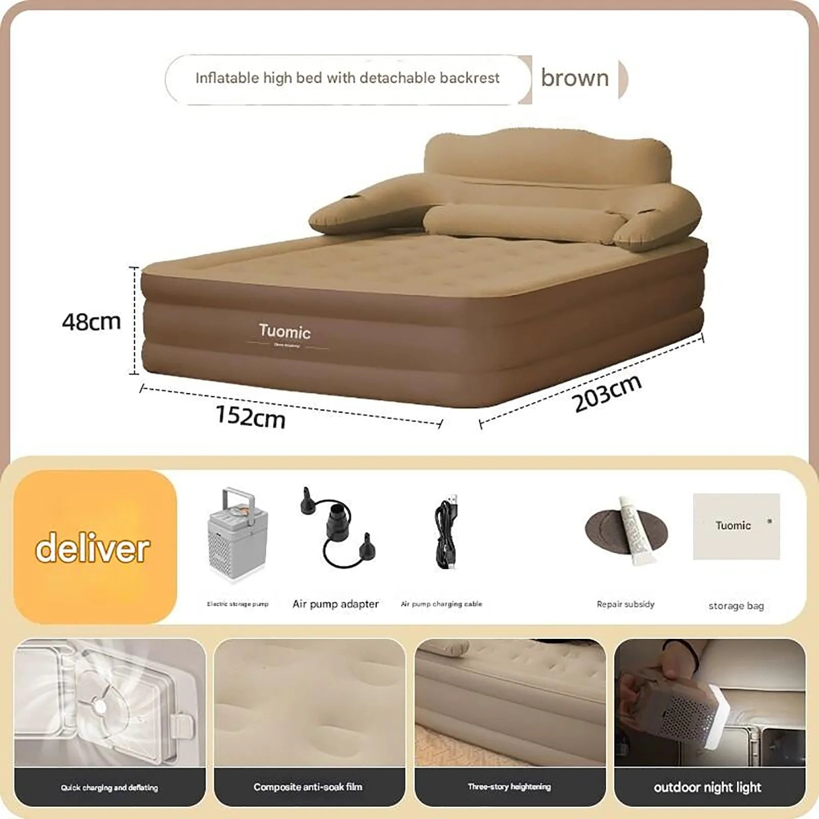 Air Mattress Blow Up Bed with Built-In Electric Pump Backrest and Pillows for 2 People - Image 9