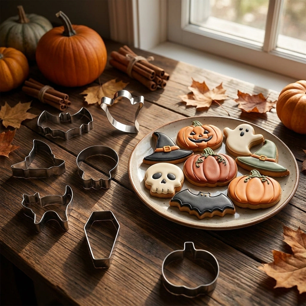 Halloween Stainless Steel Cookie Cutters Set with 7 Shapes Including Bat Ghost Pumpkin and Skull
