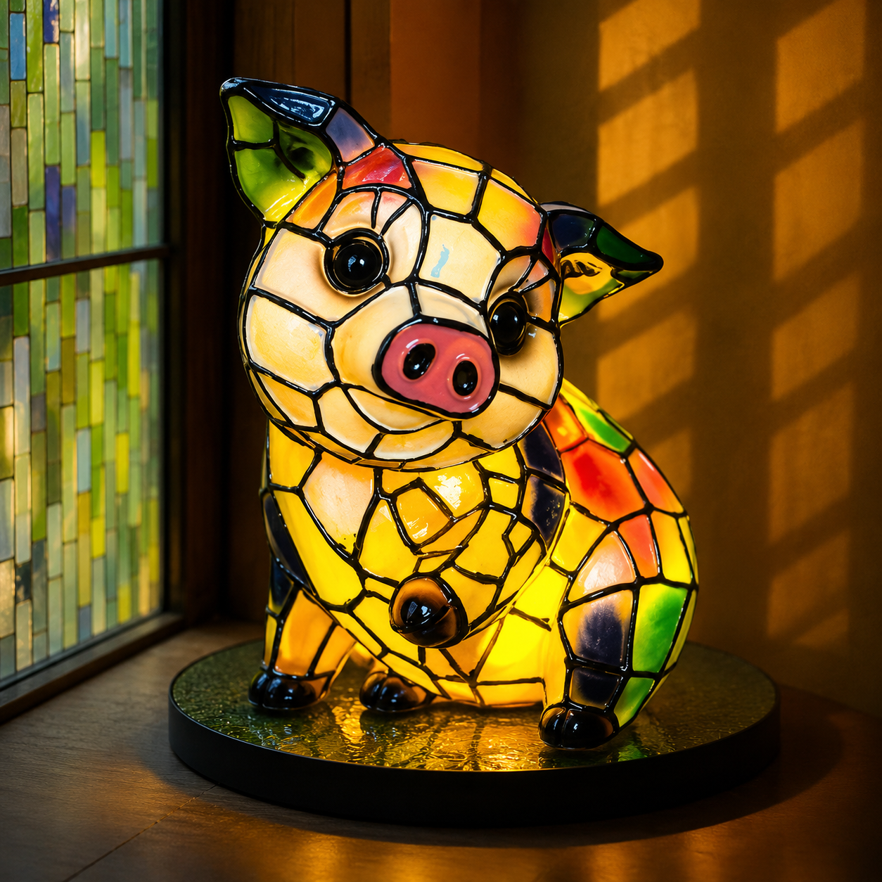 Tiffany-Stil-Tischlampe mit Buntglas-Tiermotiv und Mosaikpaneelen