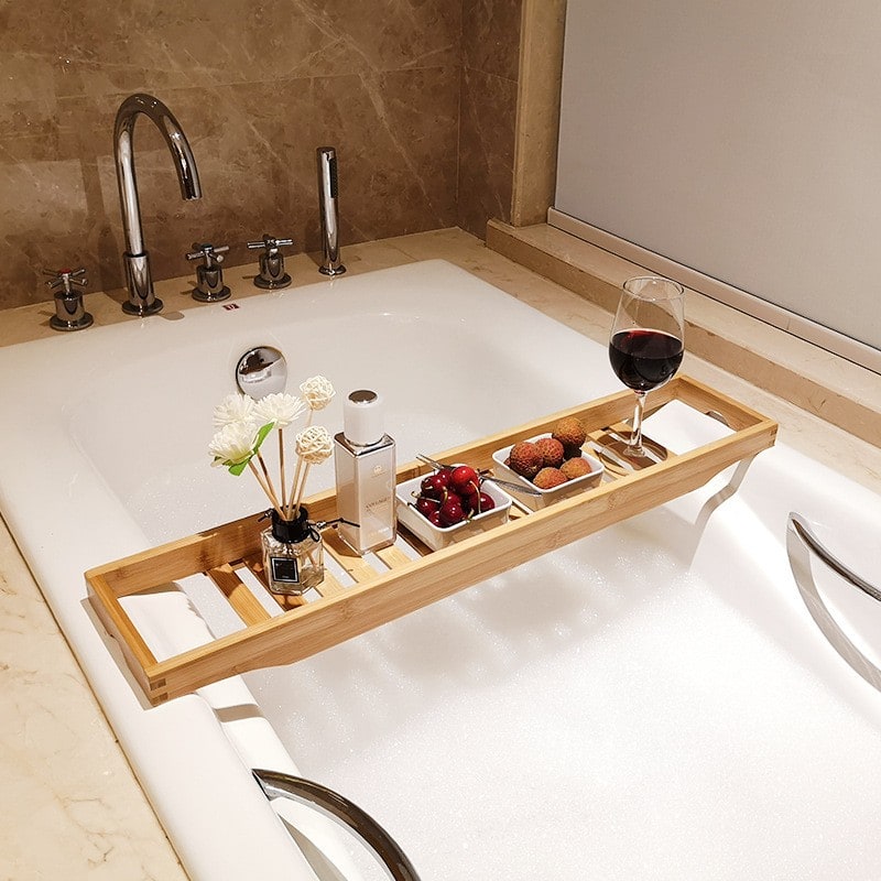 Bamboo Bath Caddy Tray for Bathtub with Slatted Design and Water-Draining Handles - Image 1