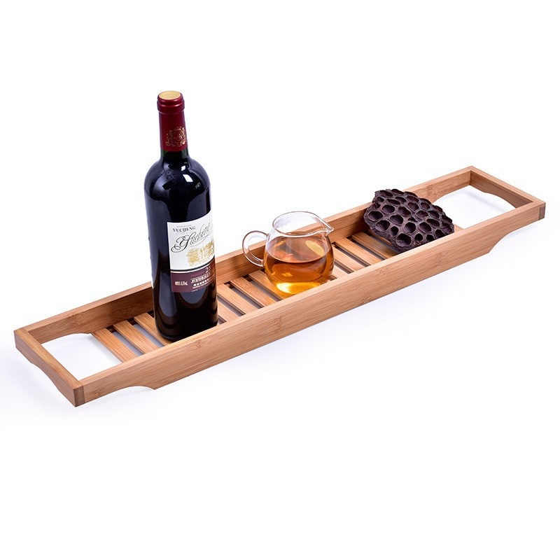 Bamboo Bath Caddy Tray for Bathtub with Slatted Design and Water-Draining Handles - Image 4