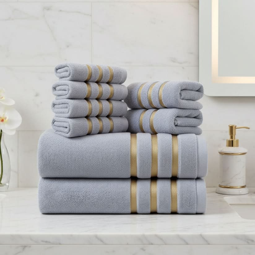 Bath Towel Set with Terry Cloth Gold Stripes and Woven Border 8-Piece - Image 1