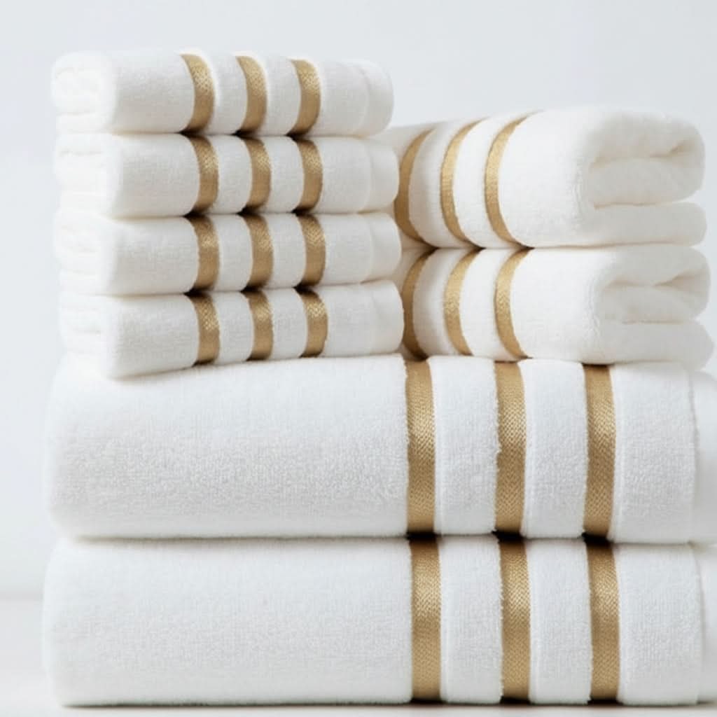 Bath Towel Set with Terry Cloth Gold Stripes and Woven Border 8-Piece - Image 4