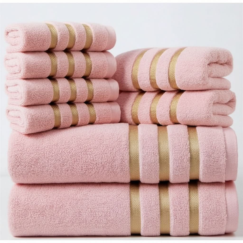 Bath Towel Set with Terry Cloth Gold Stripes and Woven Border 8-Piece - Image 5